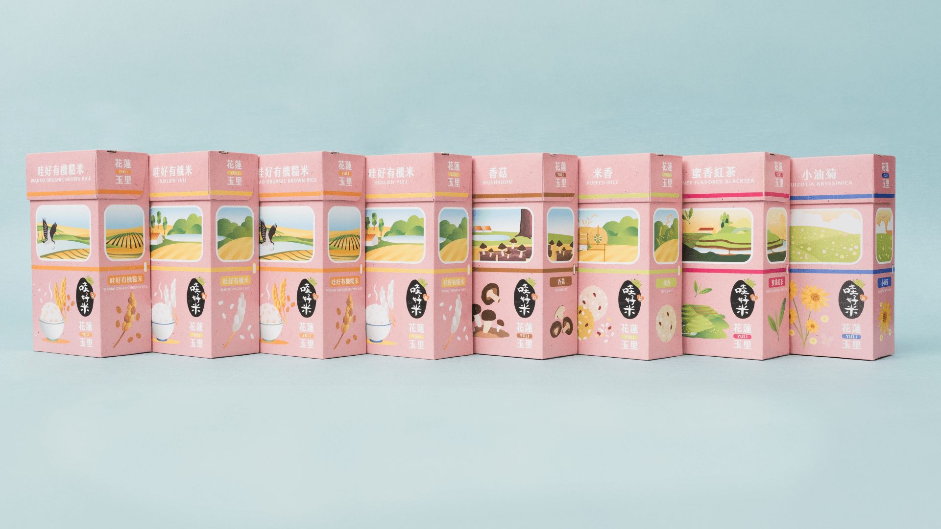 花蓮哇好米全系列產品包裝設計，多口味盒裝一字排開｜好心地文創