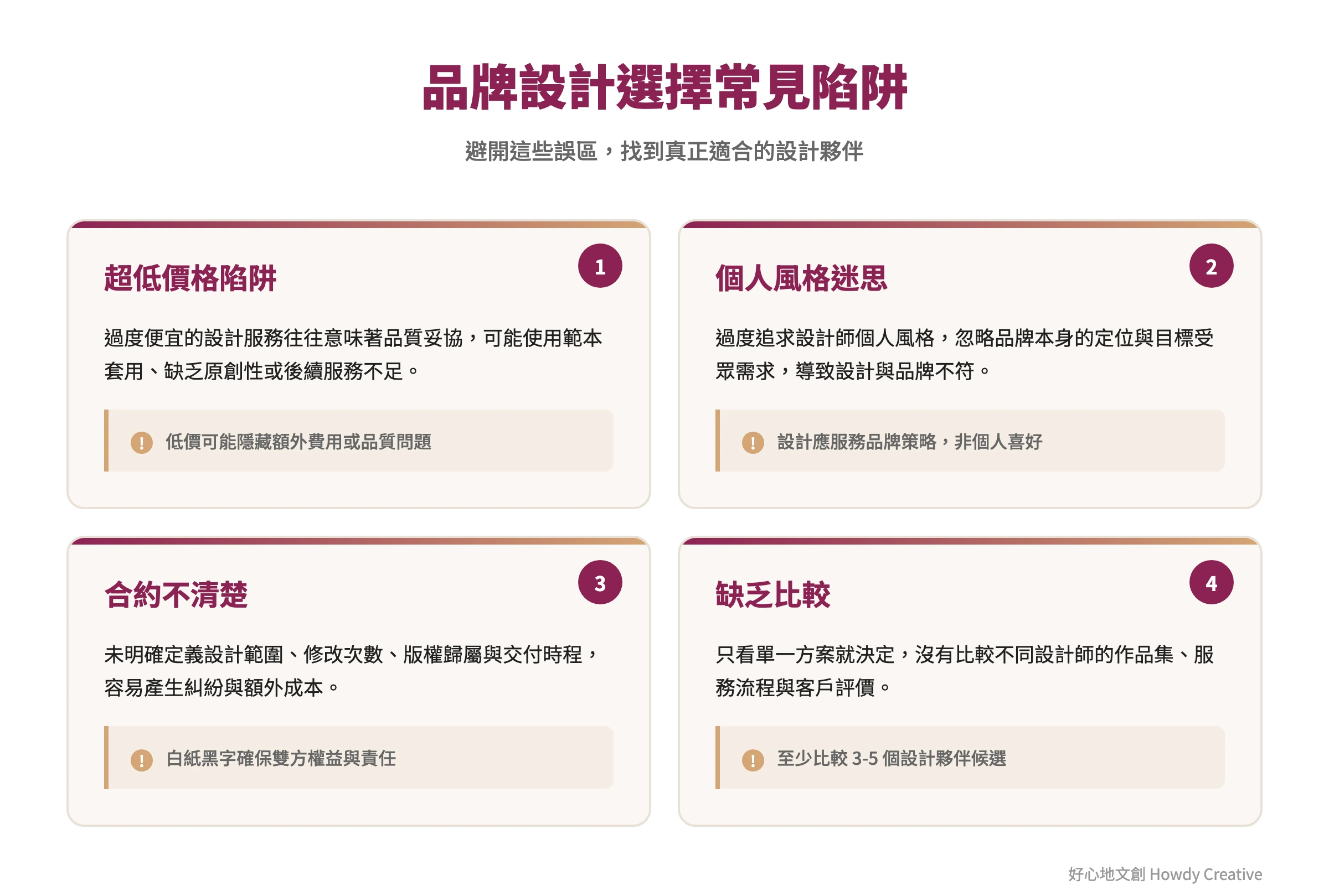 品牌設計公司選擇常見陷阱框架圖,包含價格、風格、合約、比較四大陷阱