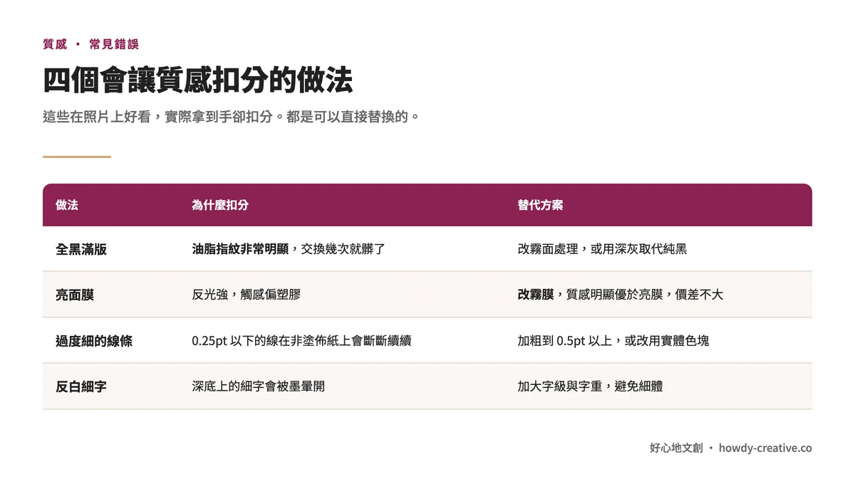 四個讓名片質感扣分的做法與替代方案：全黑滿版、亮面膜、過細線條、反白細字
