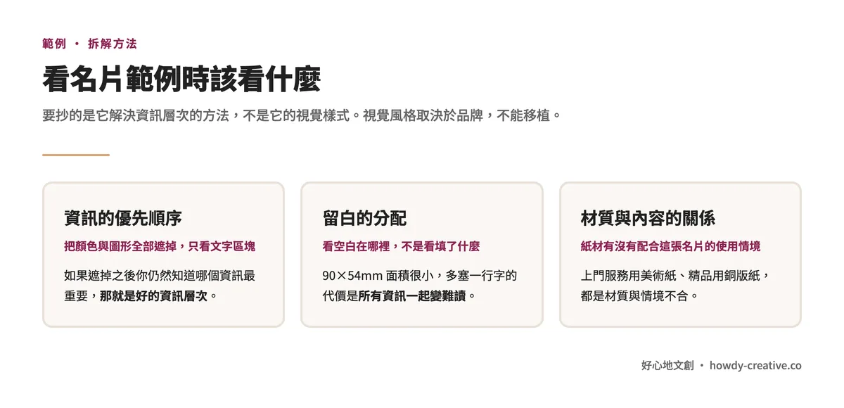 看名片範例的三個分析角度：資訊的優先順序、留白的分配、材質與內容的關係