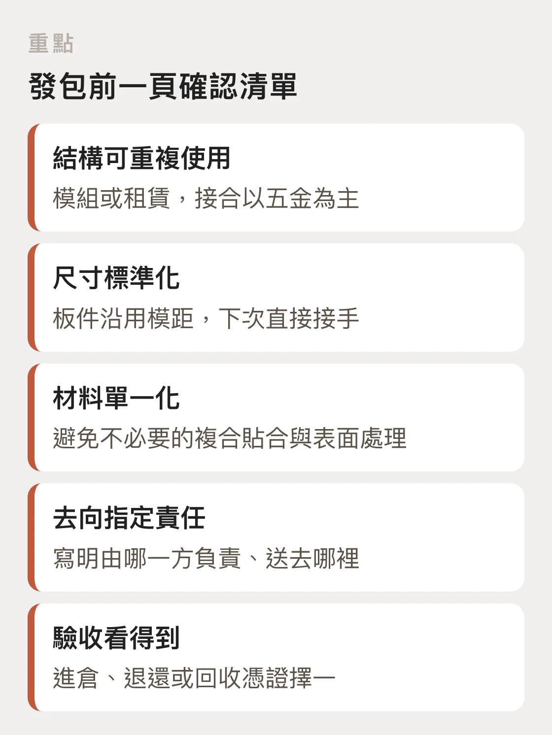 展覽發包前的永續條件確認清單五項重點,涵蓋結構、尺寸、材料、去向與驗收憑證
